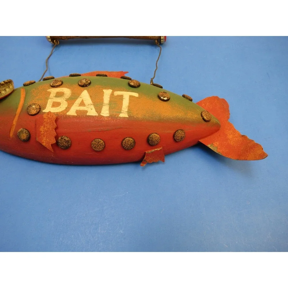 Vintage Hanging Wood Fish Bait Sign Beer Bottle Cap Folk Art
